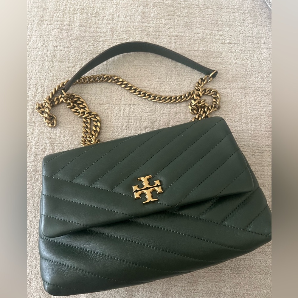 Tory Burch Small Kira Chevron Dark Green Quilted Leather Shoulder Bag